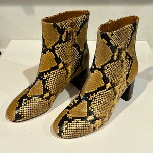 New Tory Burch leather booties in sand drift snake